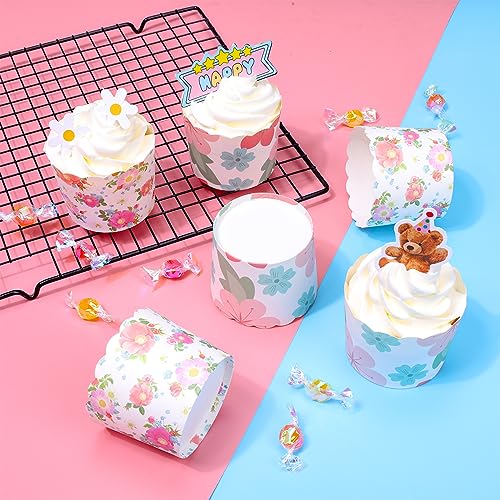 60pcs Paper Baking Cups 6 Oz Greaseproof Cupcake Muffin Cups Disposable Cupcake Wrappers For Birthday-Large (Pink Quadrafoil And Pink Vertical)