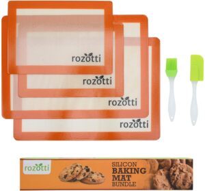 erniterty rozotti silicone baking mat bundle (6-piece set) 2 half sheets silicone baking mat and 2 quarter sheets silicone baking mat, silicone baking brush, silicone baking spatula, orange