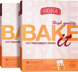 geula pre-cut parchment paper 15"x16.5" (2 pack - total 60 sheets), premium quality, reusable, non stick, high heat resistant, kosher (including passover)