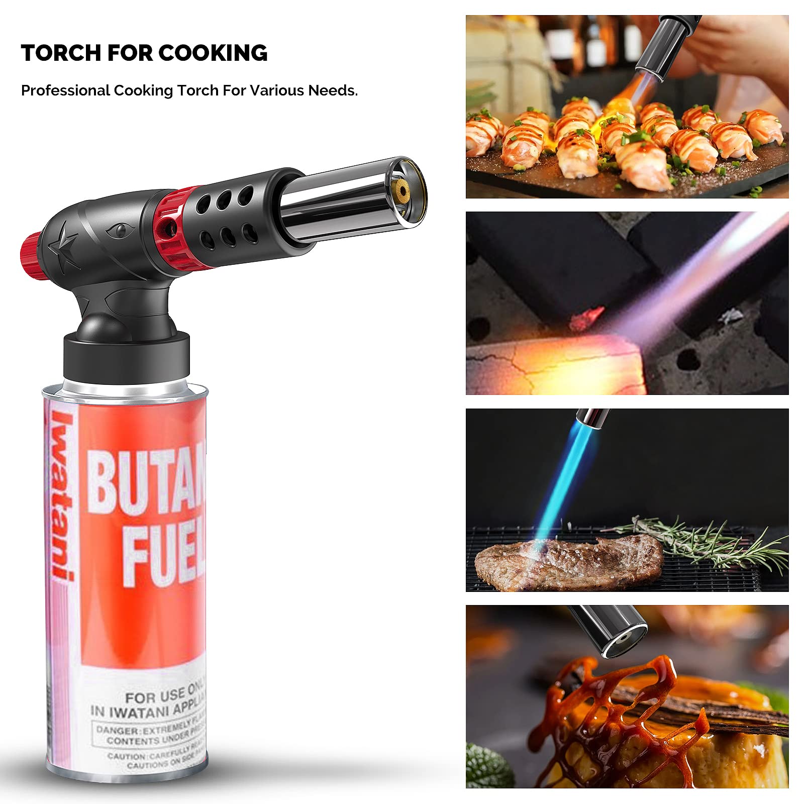 AKBLL Butane Torch Head,Anti-Scald Cooking Torch Lighter with Adjustable Flam,Kitchen Culinary Blow Torch for Sous Vide, Creme Brulee, Baking, BBQ, Soldering(Butane Canister Not Included)