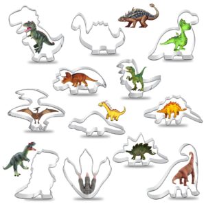 facath dinosaur cookie cutters set, 12 piece stainless steel shaped cookie candy food cutters molds for diy, kitchen, baking, kids dinosaur theme birthday party