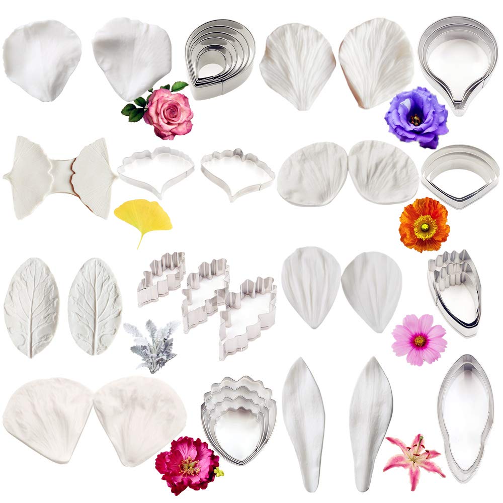 16set Gumpaste Flower Molds and Cutters Fondant Tools Kit Stainless Steel Flower Cookie Cutter Set Sugarcraft Flower Silicone Veining Making Mold for Wedding,Birthday Cake Decorating