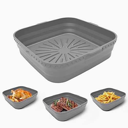 Air Fryer Silicone Liners - Air Fryer Silicone Pot - Reusable Airfryer Basket Air Fryer Inserts for Oven Microwave Accessories 8.1 Inch Air Fryer Liner Paper for 5QT-Bigger (Grey)