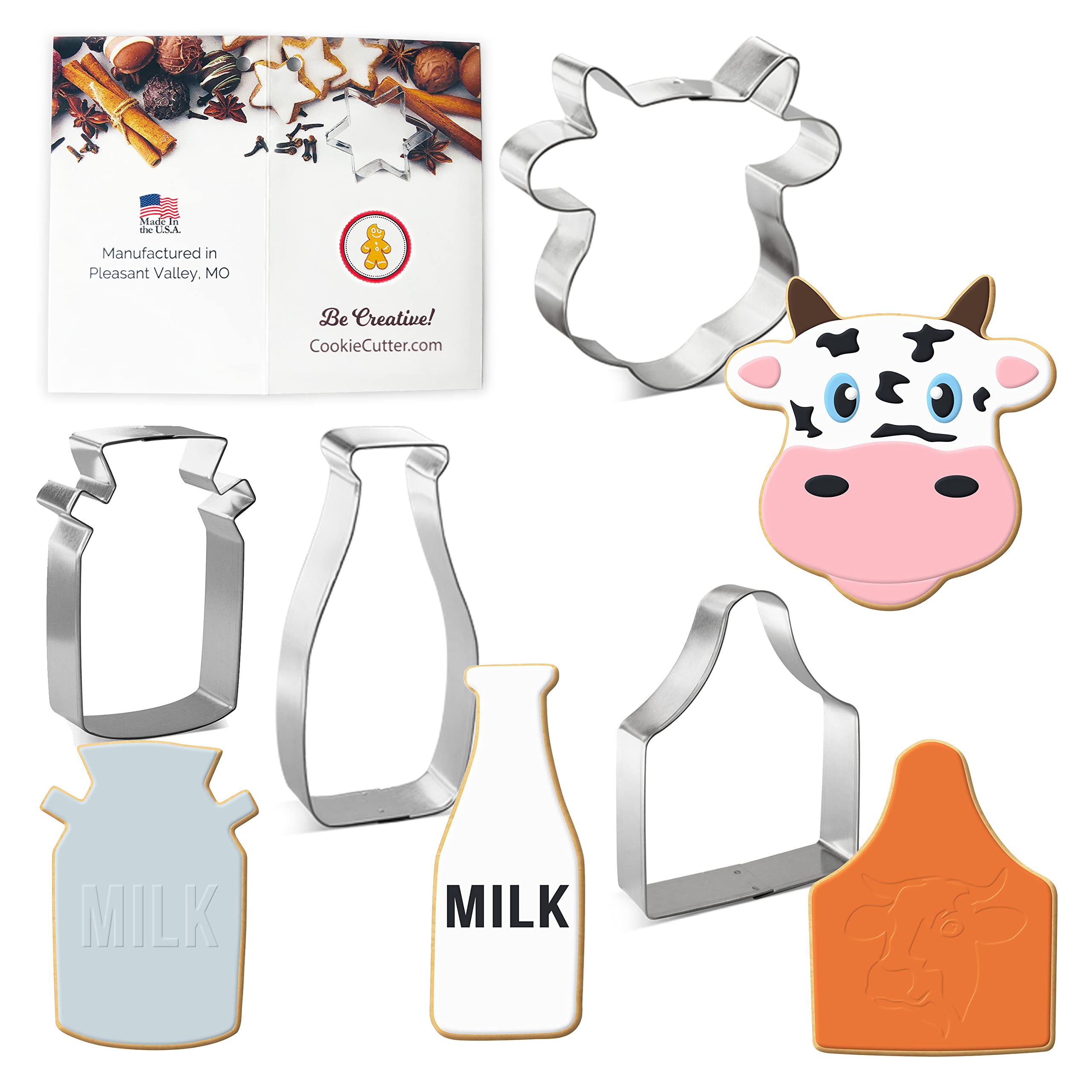 Dairy Farm Cow Cookie Cutter 4 Pc Set – Cow Face, Milk Bottle, Ear Tag, Milk Jug Cookie Cutters and Cookie Recipe Card Hand Made in the USA from Tin Plated Steel