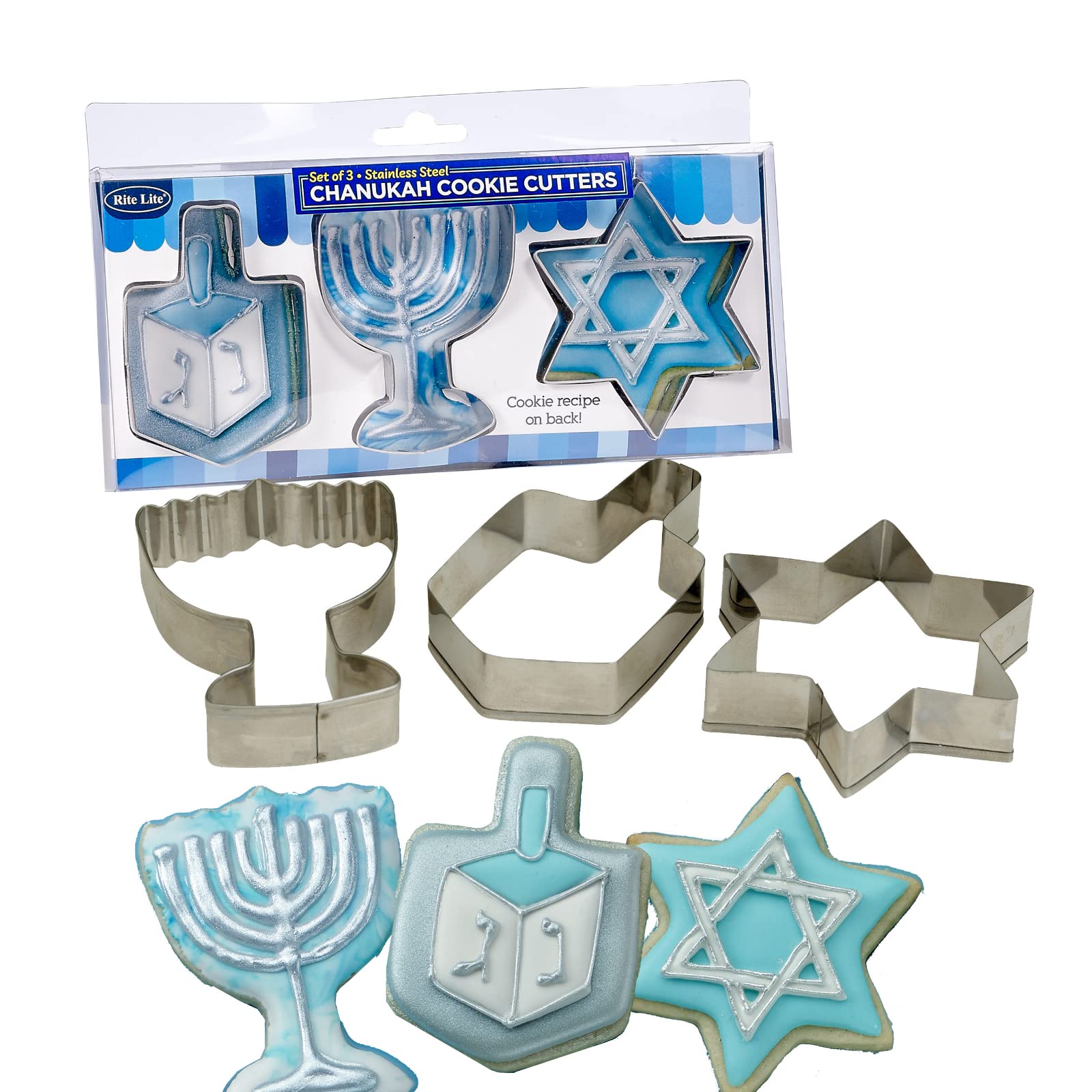 Rite Lite Set of 3 Chanukah Cookie Cutters Sheets - Dreidel, Menorah, Star of David Design, Jewish New Year Holiday Party Favors Hanukkah Hostess Gifts, Goodie Bag Rewards, Cooking Kitchen Accessories