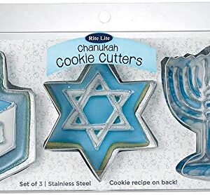 Rite Lite Set of 3 Chanukah Cookie Cutters Sheets - Dreidel, Menorah, Star of David Design, Jewish New Year Holiday Party Favors Hanukkah Hostess Gifts, Goodie Bag Rewards, Cooking Kitchen Accessories