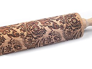 embossed rolling pins for baking, small wooden roller pin with textured pattern, best gift for wedding, holiday, mother, friends (flower)