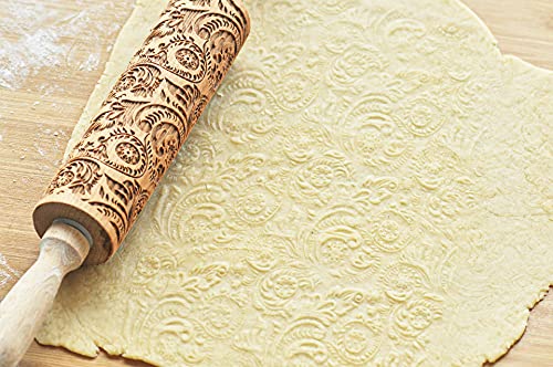 Embossed Rolling Pins for Baking, Small Wooden Roller Pin with Textured Pattern, Best Gift for Wedding, Holiday, Mother, Friends (Flower)