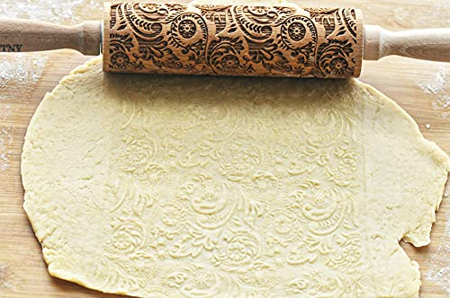 Embossed Rolling Pins for Baking, Small Wooden Roller Pin with Textured Pattern, Best Gift for Wedding, Holiday, Mother, Friends (Flower)