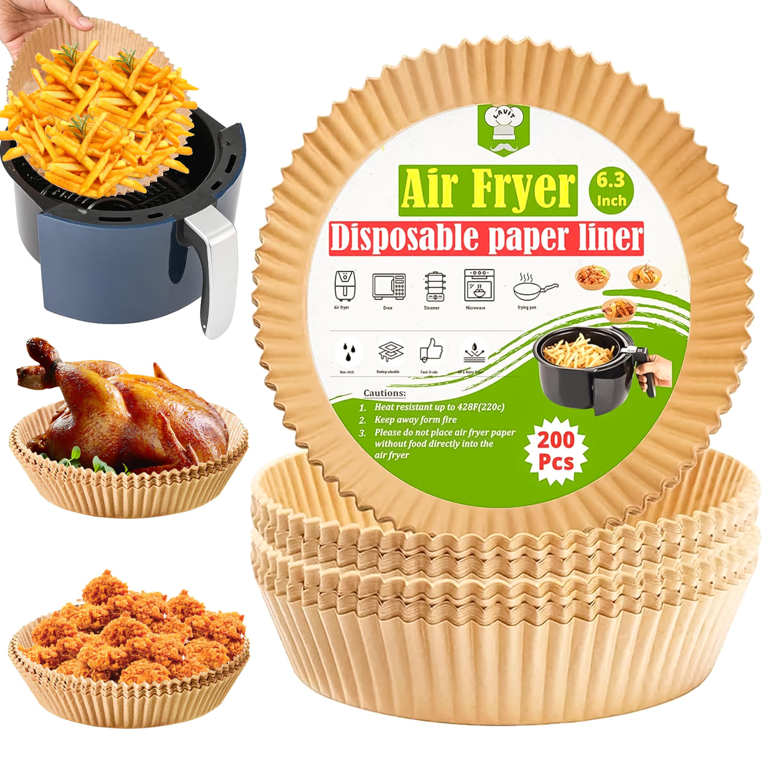 Lavit 200 PCS(6.3 Inches) Air Fryer Disposable Paper Liners - Baking Paper Liner for Air Fryer.Round Non Stick Parchment Paper for Baking and Microwave -Food Grade Oil Proof and Waterproof Air Fryer.