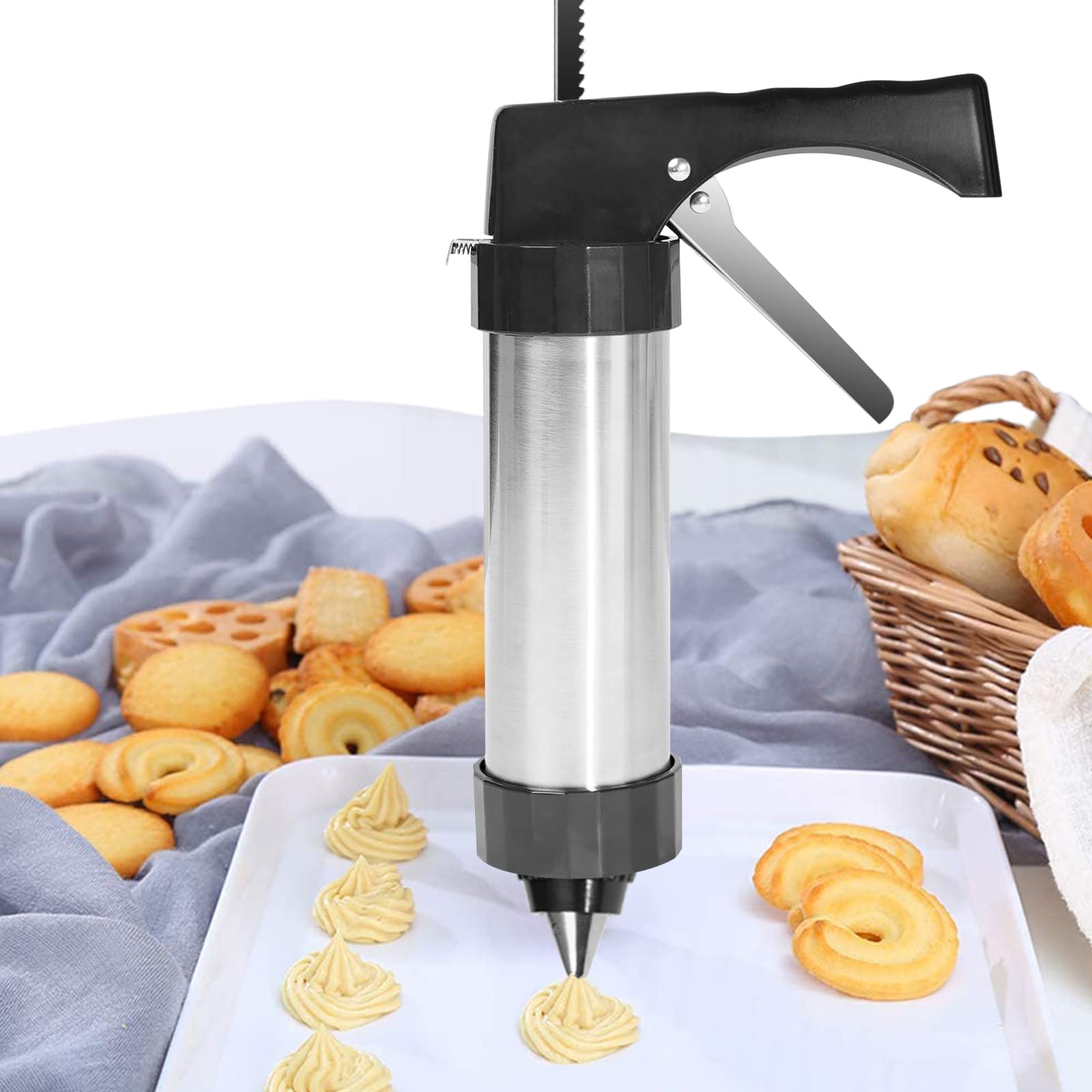 Cookie Press,Stainless Steel Icing Decoration Press Gun Kit with 13 Cookie Mold Discs 8 Piping Nozzles for Home DIY Biscuit Maker and Cake Decorating Tool