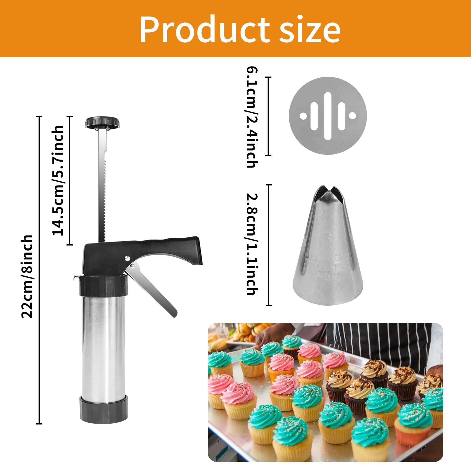 Cookie Press,Stainless Steel Icing Decoration Press Gun Kit with 13 Cookie Mold Discs 8 Piping Nozzles for Home DIY Biscuit Maker and Cake Decorating Tool