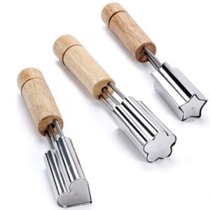 goeielewe 3-pack vegetable and fruit cutter shapes set, mini pie, stainless steel cookie stamps mold with wood handle, cookie cutter decorative food for baking crafts - flower, heart, star