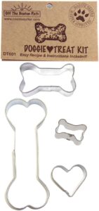 doggie treat cookie cutter 4 pc set – dog bones and heart cookie cutters with recipe, made in usa