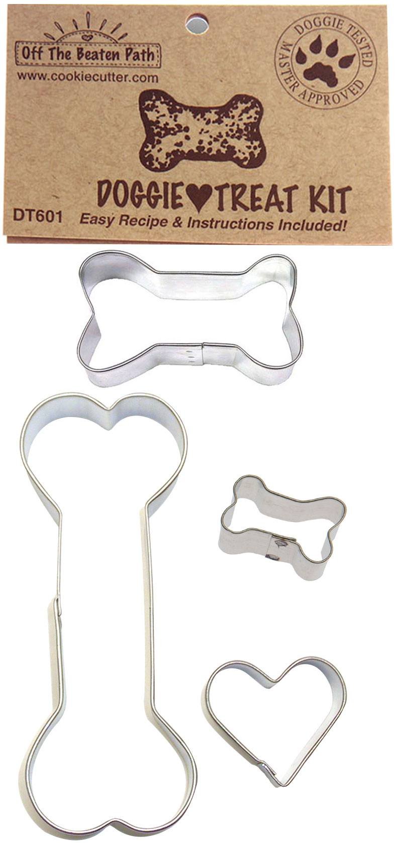 Doggie Treat Cookie Cutter 4 Pc Set – Dog Bones and Heart Cookie Cutters with Recipe, Made in USA