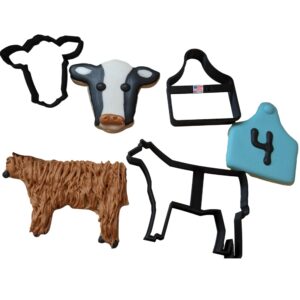 cow cookie cutters livestock cattle calf ear tag cow heifer head face and bull steer body outline fair farm show cookie cutters (3 pack)