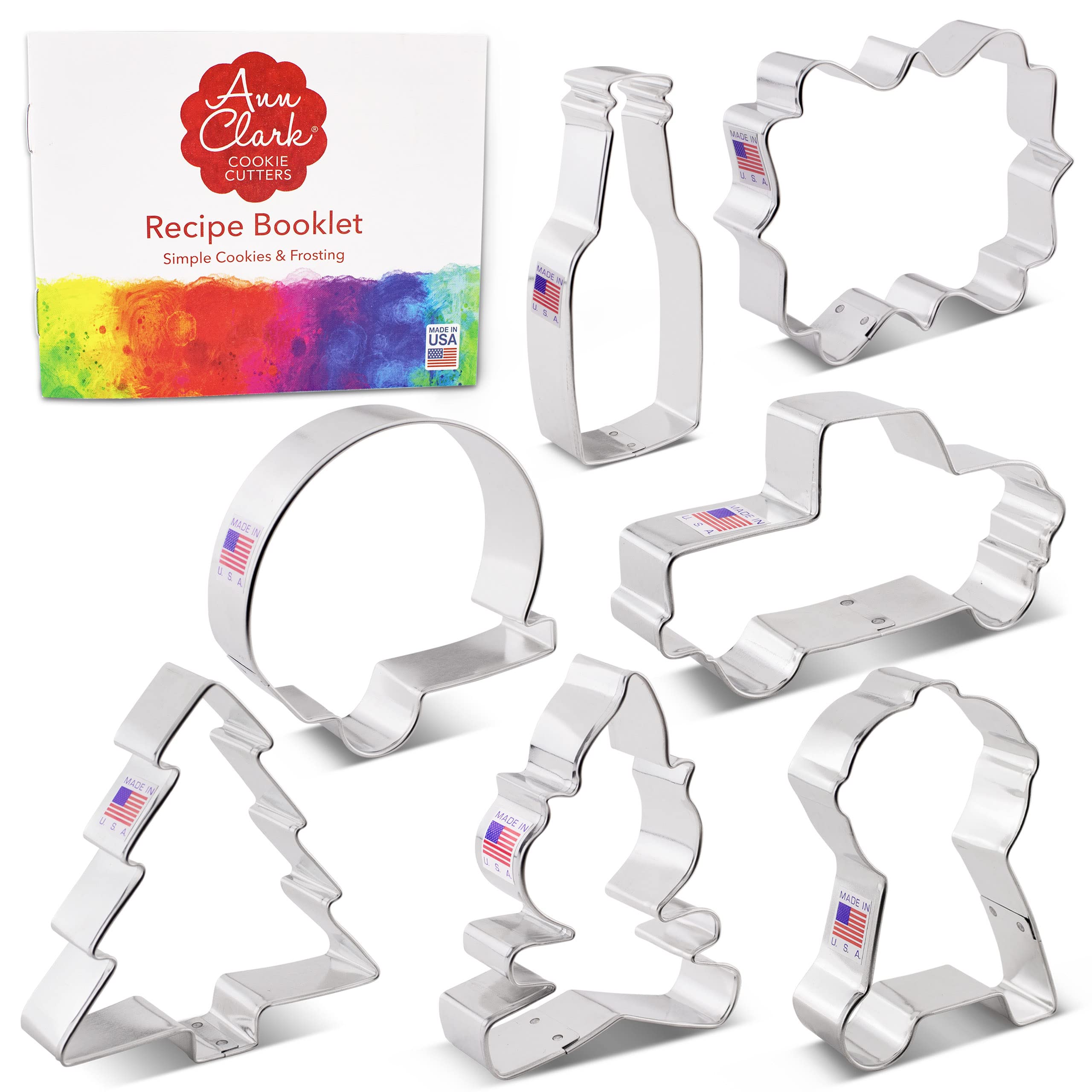 Father's Day Camping Cookie Cutters 7-Pc. Set Made in the USA by Ann Clark, Camper, Campfire, Grill, Pine Tree, Beer/Soda Bottle, and more