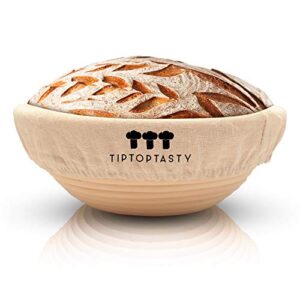 tiptoptasty 9 inch round rattan bread proofing basket with liner for sourdough loaf - bakery-grade brotform for rising and shaping your dough