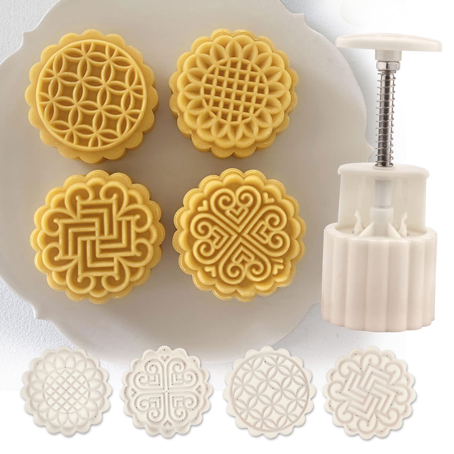 Chinese flower moon cake press mold, hand pressed mooncake dessert DIY, moon cake puff pastry 1 mold with 4 stamps for various holidays, parties (4*Have money to spend(75g))