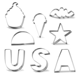 keewah 4th of july cookie cutter set - 8 piece - usa, bunting, cupcake, ice cream, firework ribbon, star - stainless steel