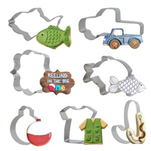 gone fishing cookie cutter set with stainless steel sports jersey, fish, candy cane, fishing bobber for fisherman fishing themed party supplies