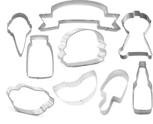 bbq grill cookout party cookie cutter 9 piece set from the cookie cutter shop - bbq grill, hamburger, hot dog, mason jar, watermelon cookie cutters – tin plated steel cookie cutters