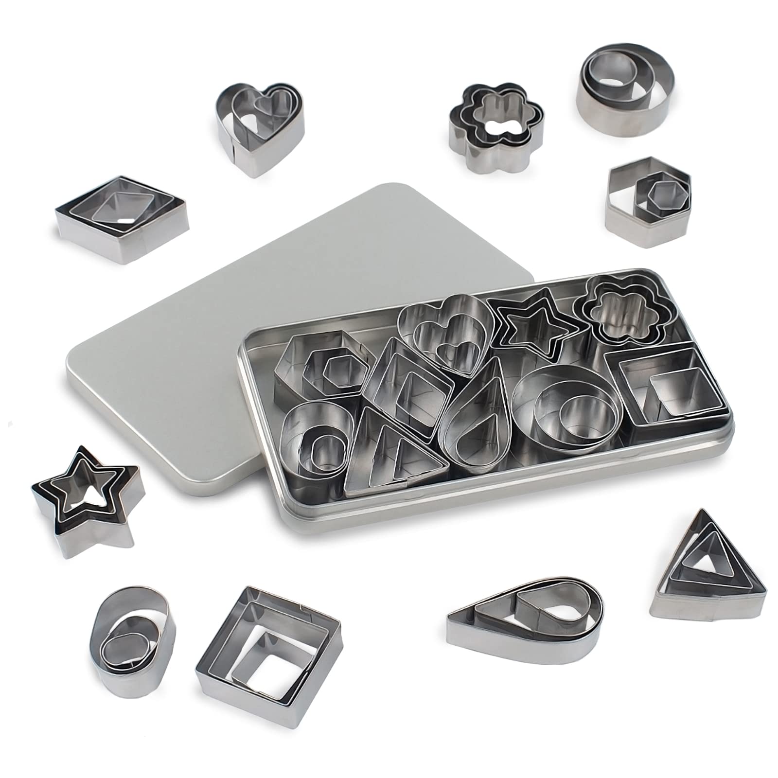 PDCTACST 30Pcs Mini Cookie Cutter Set with Box, Polymer Clay Cutters, Stainless Steel Star Flower Heart Fruit Cutter Shapes, Christmas Valentines Halloween Cookie Cutters for Kids Baking Sandwich