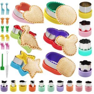 32 pcs sandwich cutter set, finegood sandwich cutter and sealer cookie cutters vegetable fruit cutters shapes for kids with food picks brush