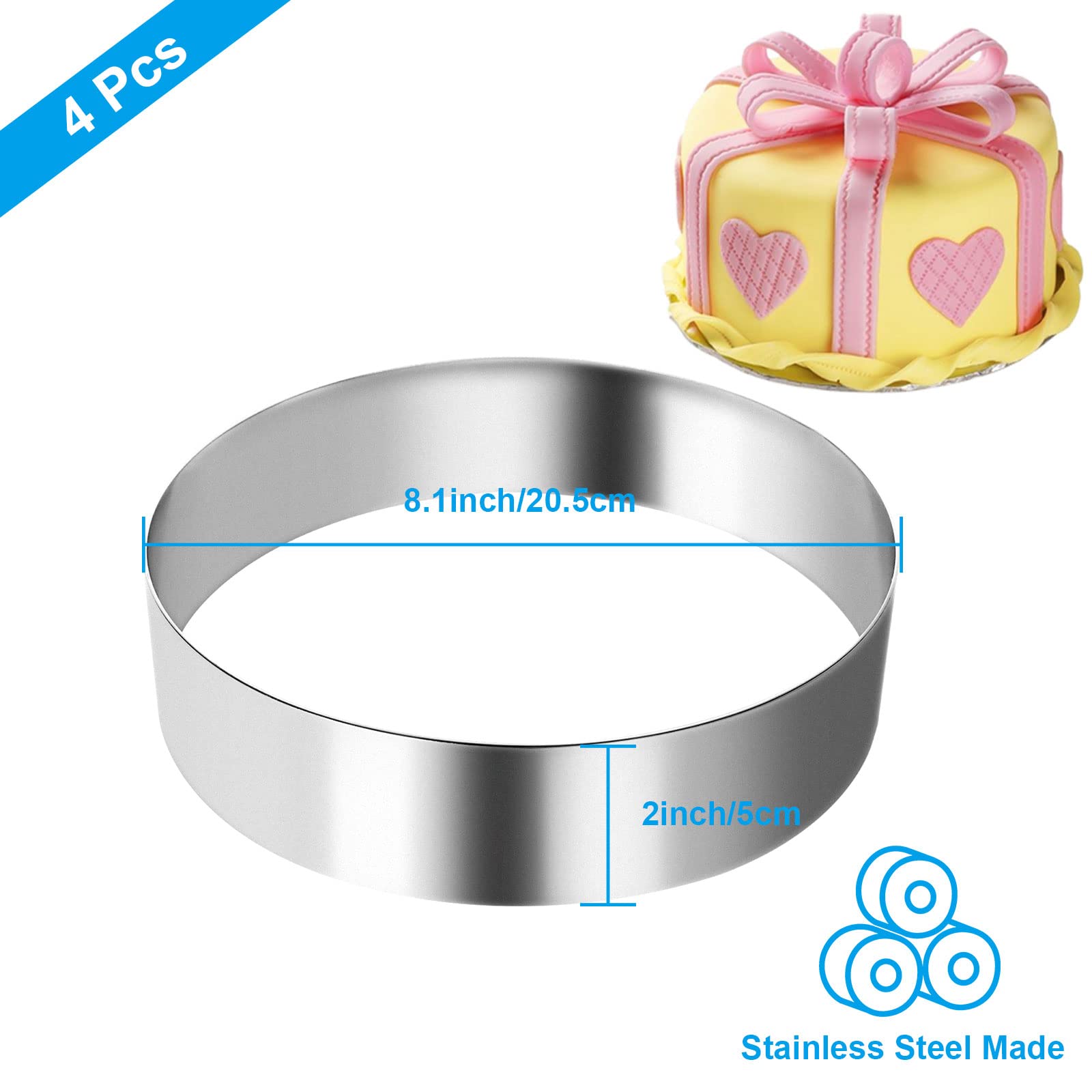 RHBLME 4PCS Cake Ring 8 Inch, Round Cake Rings for Baking, 304 Seamless Stainless Steel Mirror coating Mousse Mould, No Welding Seam Cheese Cake Mousse Ring (2-Inch Height)