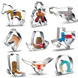 xzhloym cookie cutters shapes 9-piece western texas cowboy horse pony horseshoe horse head cowboy hat handgun boot longhorn cookie cutter set for kids boys birthday party decorations - stainless steel
