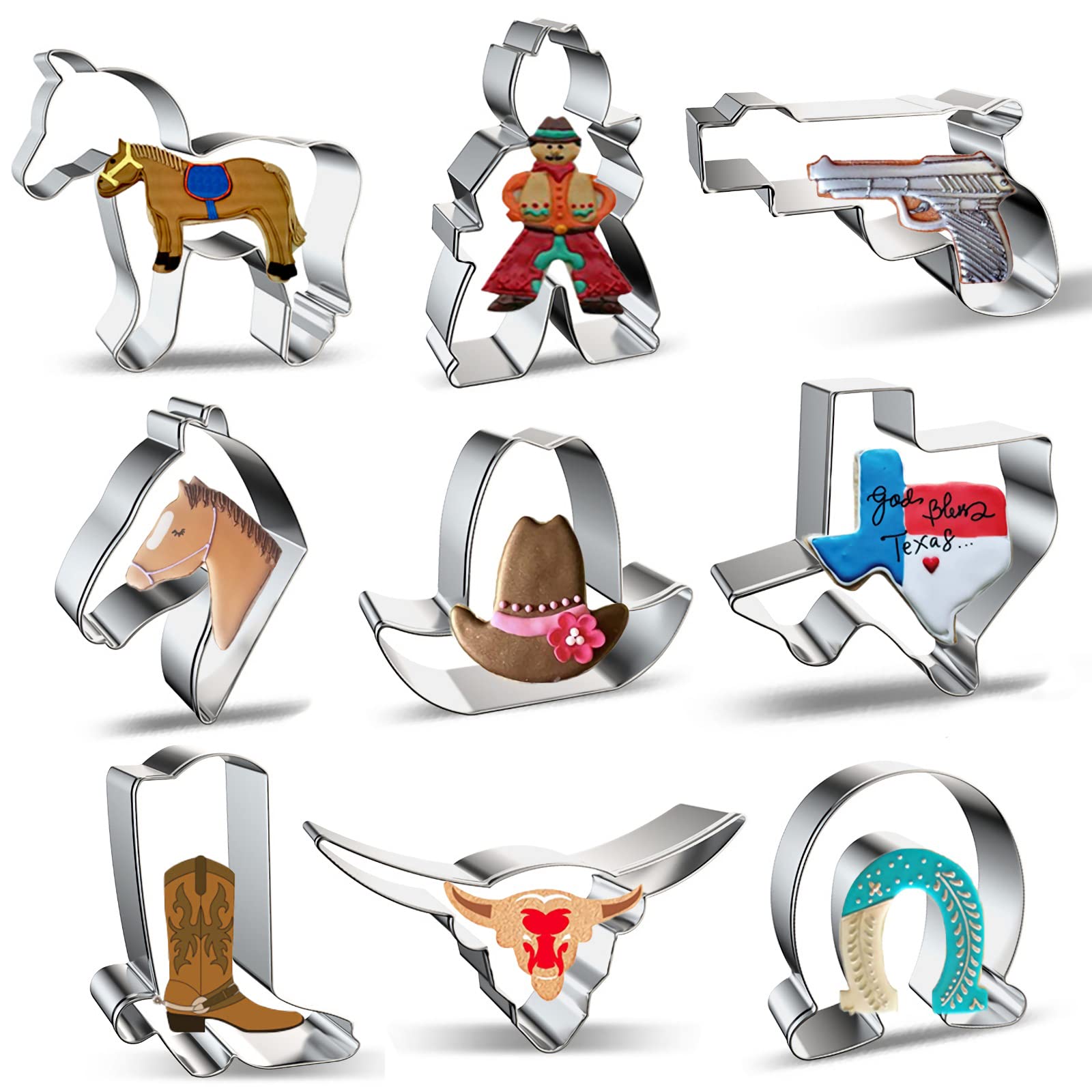 Xzhloym Cookie Cutters Shapes 9-Piece Western Texas Cowboy Horse Pony Horseshoe Horse Head Cowboy Hat Handgun Boot Longhorn Cookie Cutter Set for Kids Boys Birthday Party Decorations - Stainless Steel