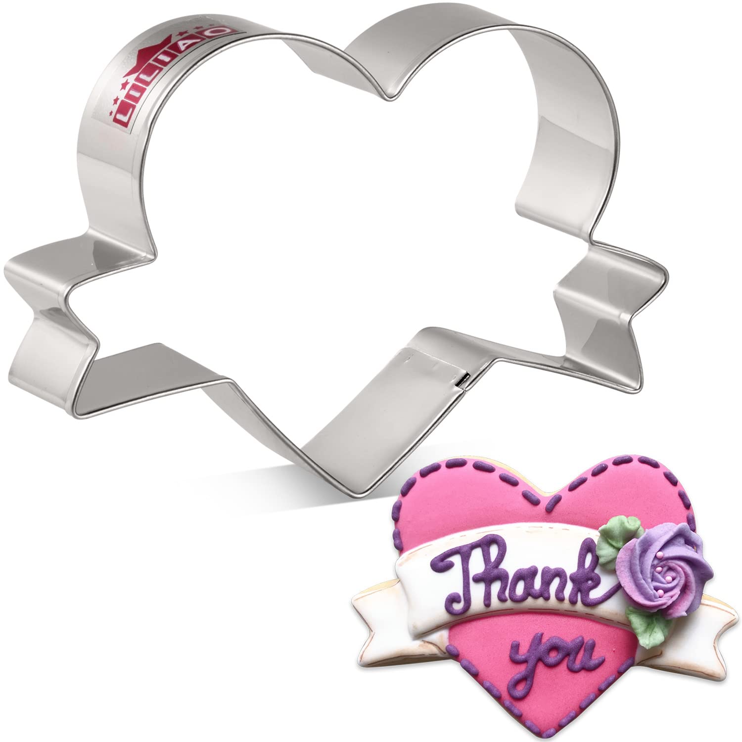 LILIAO Wedding Heart with Ribbon Cookie Cutter Fondant Biscuit Cutter for Birthday/Valentine's Day/Mother's Day/Baby Shower - 4 x 2.8 inches - Stainless Steel