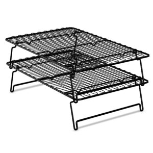 miu stackable cooling racks for cooking and baking with folding legs, multi tier, set of 2, black, wire grid stainless steel, kitchen counter and oven safe