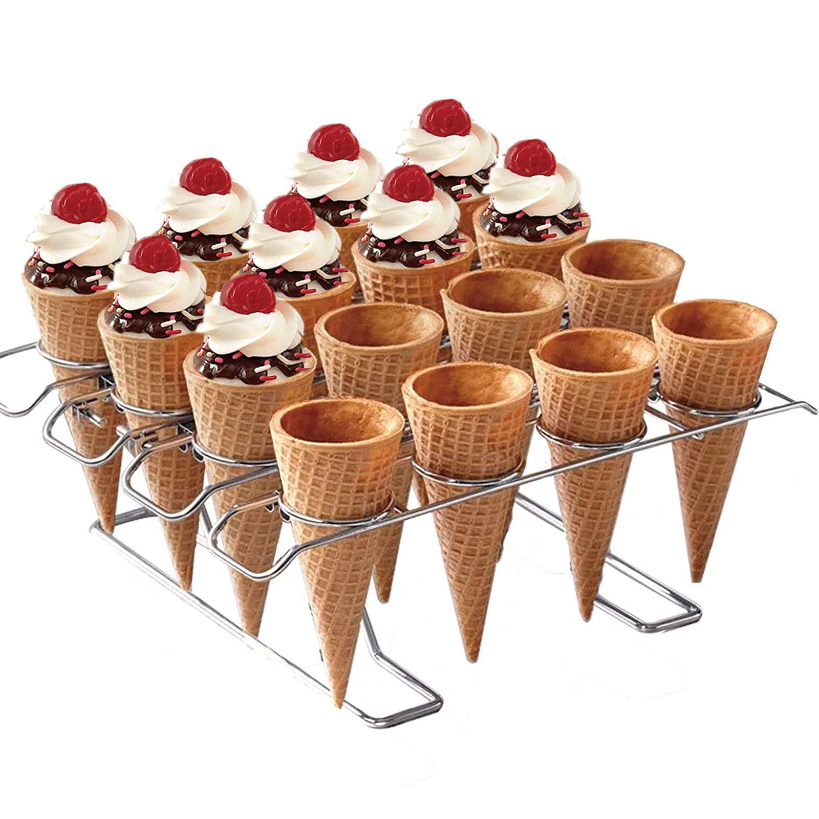 Newthinking Cupcake Cones Baking Rack, 16-Cavity Stainless Steel Ice Cream Cone Stand Holder Foldable Cake Decorating Pastry Tray Waffle Cones Holder for Baking, Cooling, Display