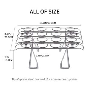 Newthinking Cupcake Cones Baking Rack, 16-Cavity Stainless Steel Ice Cream Cone Stand Holder Foldable Cake Decorating Pastry Tray Waffle Cones Holder for Baking, Cooling, Display