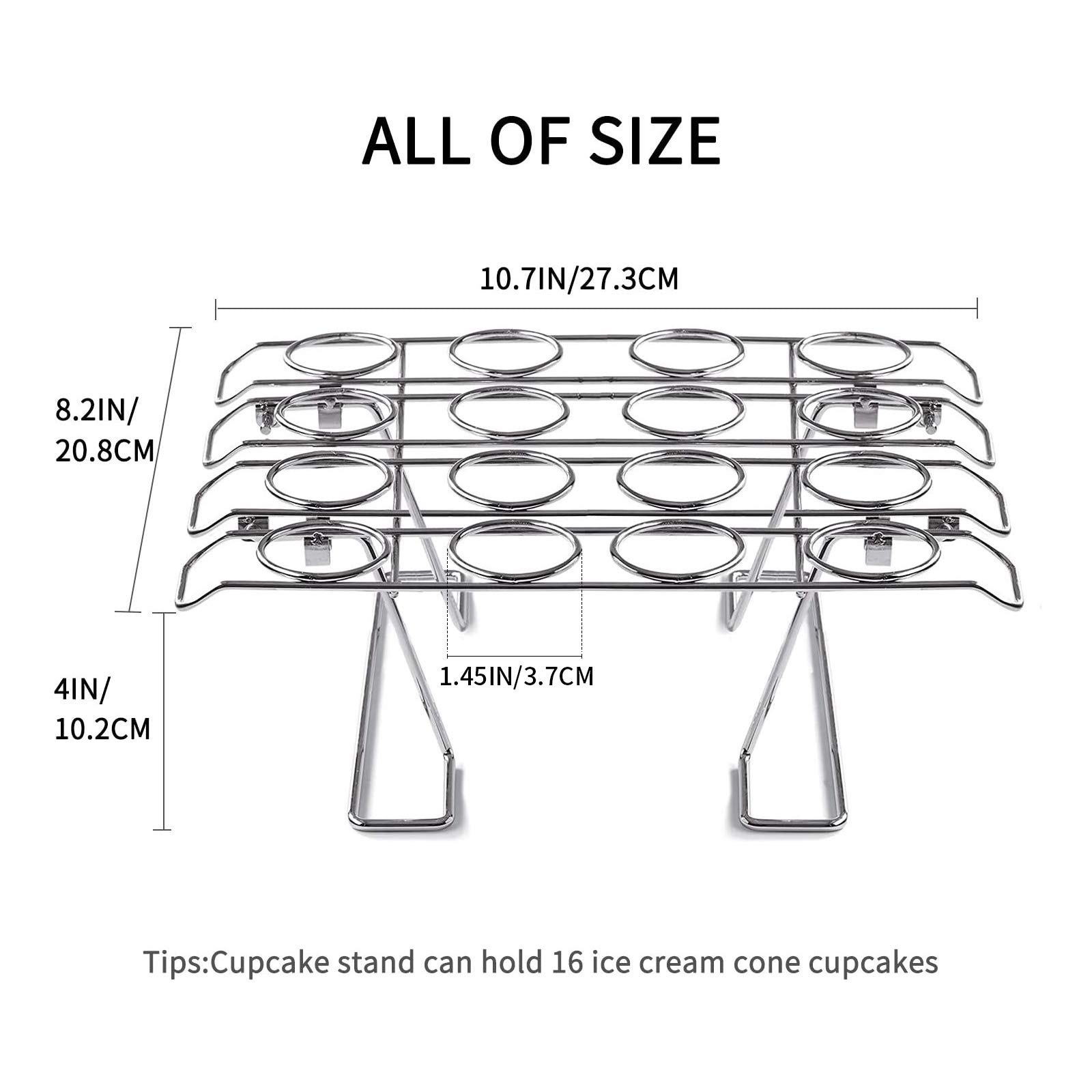 Newthinking Cupcake Cones Baking Rack, 16-Cavity Stainless Steel Ice Cream Cone Stand Holder Foldable Cake Decorating Pastry Tray Waffle Cones Holder for Baking, Cooling, Display
