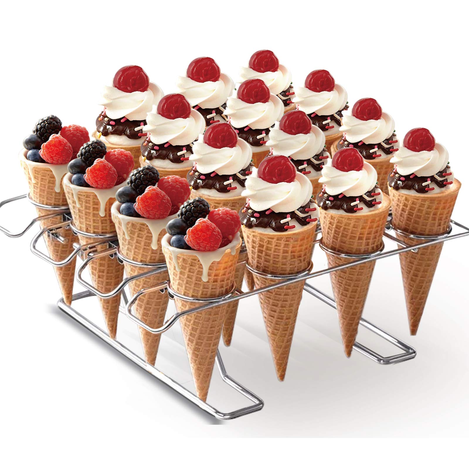 Newthinking Cupcake Cones Baking Rack, 16-Cavity Stainless Steel Ice Cream Cone Stand Holder Foldable Cake Decorating Pastry Tray Waffle Cones Holder for Baking, Cooling, Display