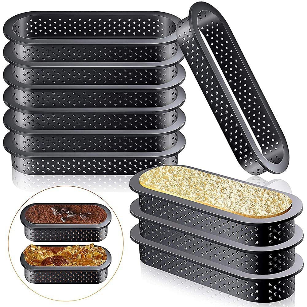 8pcs Oval Tart Ring Mousse Circle Tart Ring Round Cake Molds Cake Rings Mousse Mold Cake DIY Baking Mould Tool Perforated Ring Non Stick Bakeware(Black-Oval)