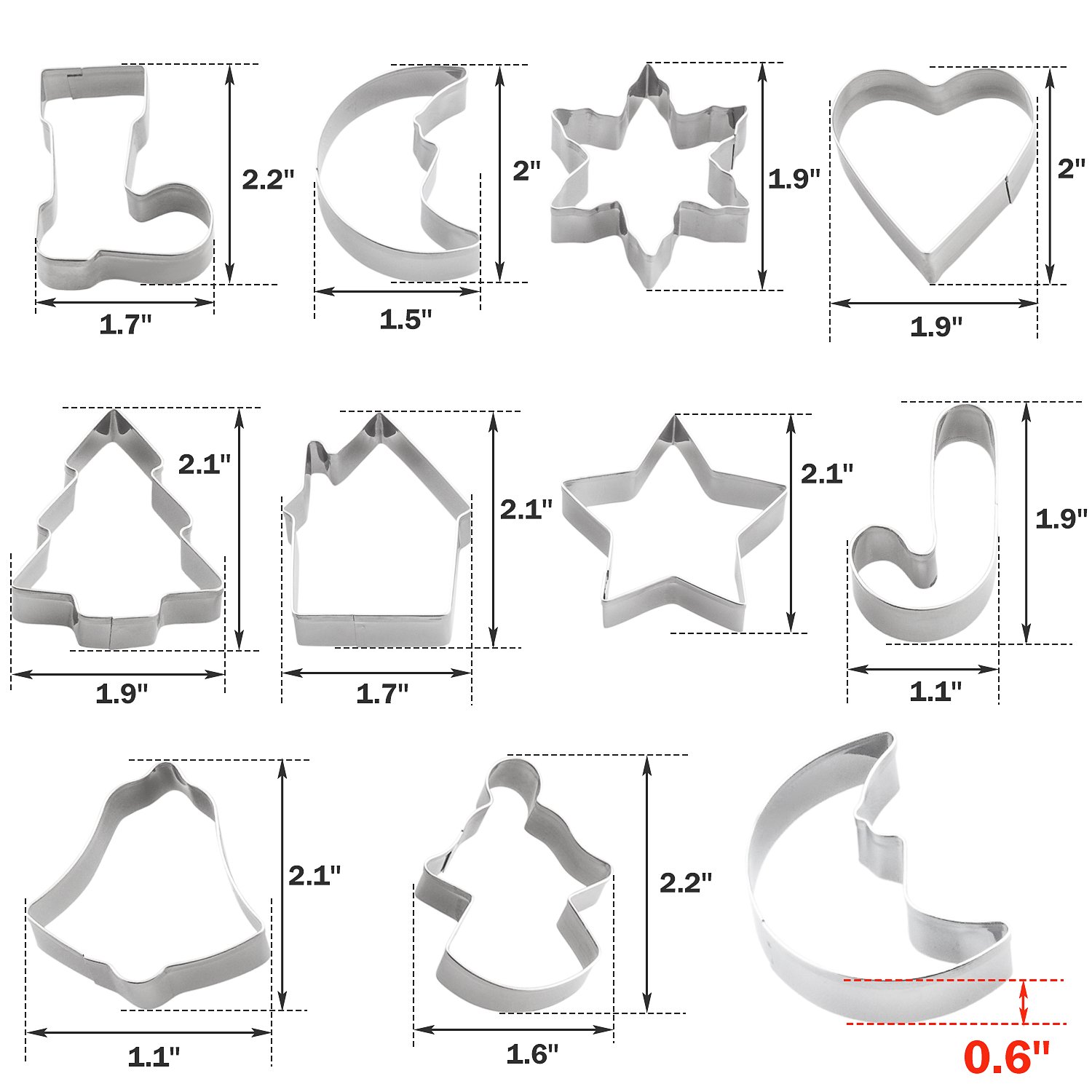 Christmas Cookie Cutters Set - Holiday Mini Cookie Cutter set of 10, Include: Gingerbread House, Snowflake, Christmas Tree, Gingerbread girl, Heart, Star, Moon, Christmas Crutch, Bell, Boot