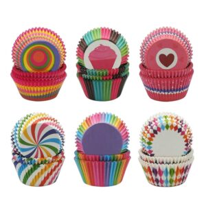 cupcake liners, disposable paper baking cups rainbow cupcake wrappers nonstick muffin cases molds, 6 styles cupcake liners for cake balls, muffins, cupcakes and candies, 600 pack (colorful)