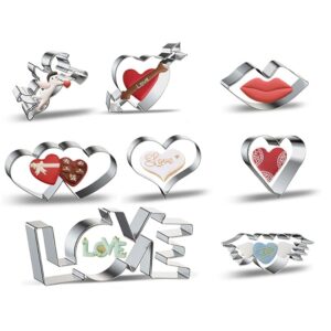 valentine's day heart cookie cutter set, 8 piece stainless heart shaped cookie cutter biscuit molds cookie cutters for baking heart, lips, heart with arrow, double heart, love, cupid, heart wings