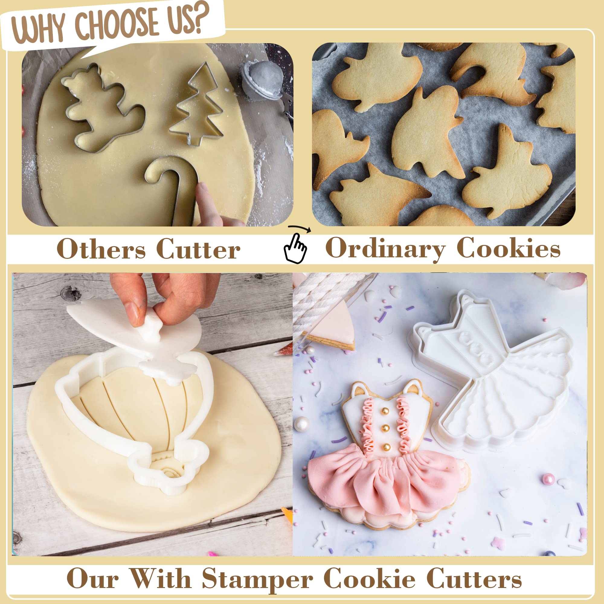 Flycalf Dress Cookie Cutters with 3D Stamper Kitchen PLA Cake Decorating Draped Dress Shapes for Kids 3.5" Baking Molds Supplies Holiday Birthday Party Biscuit Fondant Tools