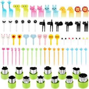 78 pcs food fruit fork picks for kids and vegetable cutters shapes set, includes 12 pcs stainless steel mini cookie cutters and 66 pcs cute animal bento forks cake little forks mini cartoon toothpick