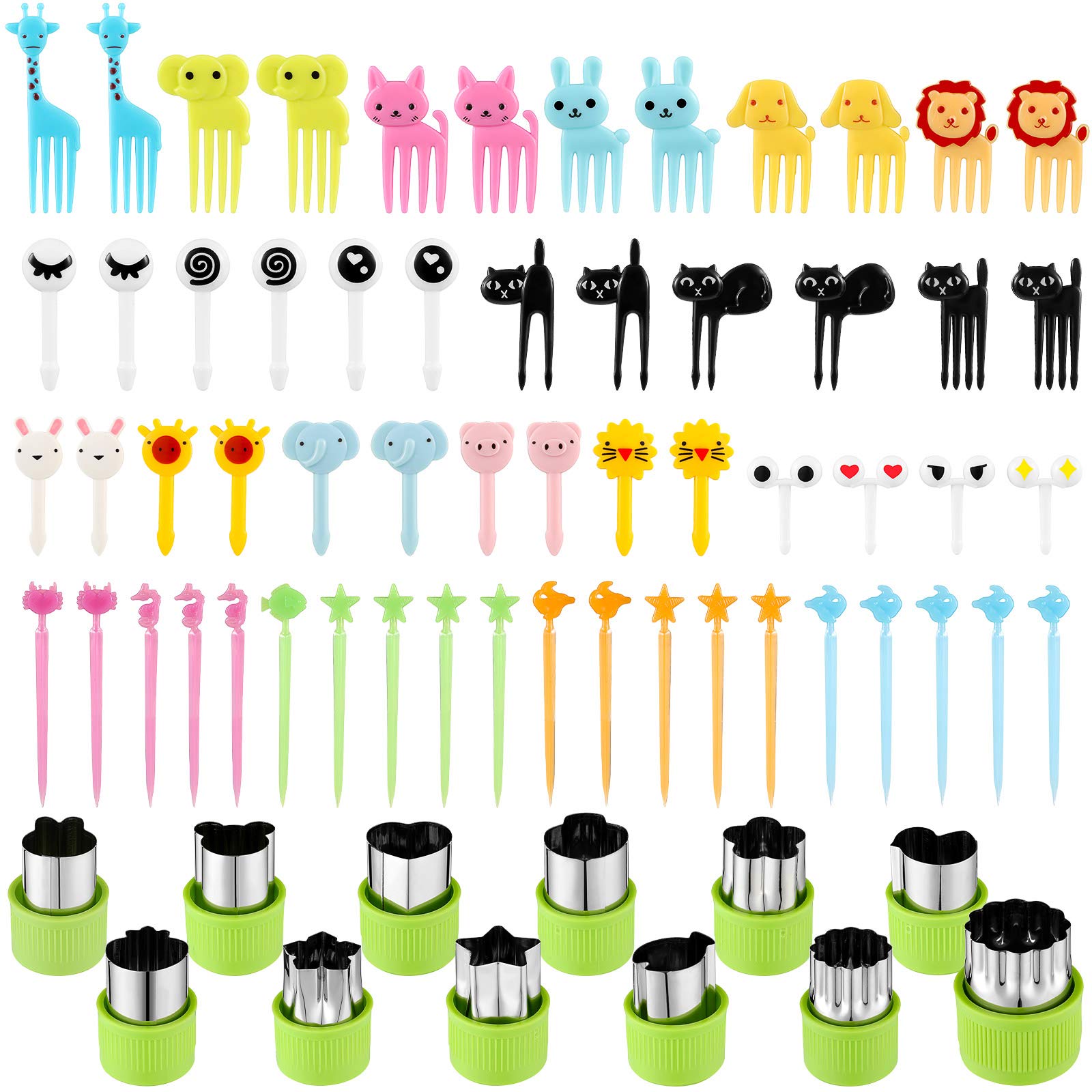 78 Pcs Food Fruit Fork Picks for Kids and Vegetable Cutters Shapes Set, Includes 12 Pcs Stainless Steel Mini Cookie Cutters and 66 Pcs Cute Animal Bento Forks Cake Little Forks Mini Cartoon Toothpick