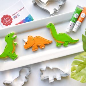dinosaur cookie cutters and decorating 5-pc. set made in usa by ann clark, t-rex, brontosaurus, triceratops, orange & leaf green food coloring gel