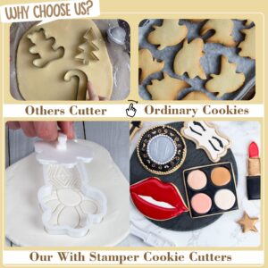 Flycalf Makeup Cookie Cutters Beauty with 3D Stamper Foundation Biscuit Cutter Baking PLA Accessories Cutter Molds Decorative Party Kitchen Cake Supplies