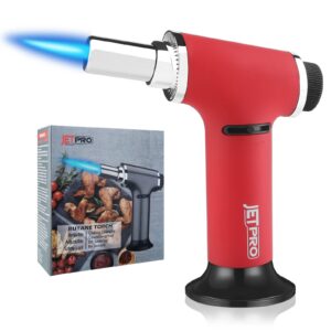 jetpro butane torch lighter one-hand operation kitchen cooking torch with adjustable flame for bbq, baking, cream (butane gas not included) (red)