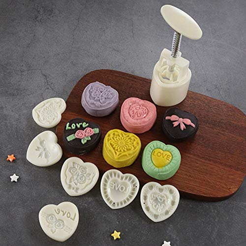 Moon Cake Mold Set Mid Autumn Festival 6pcs 50g Cookie Stamps, Heart Shaped Cookie Mold DIY Hand Press Cookie Dessert Cutter Pastry Decoration Tool Mooncake Maker