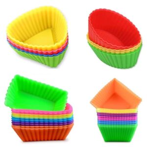 kaptin 24pcs silicone muffin baking cups cupcake liners,reusable non-stick cake molds sets multi-color (square + rectangle + triangle + ellipse)