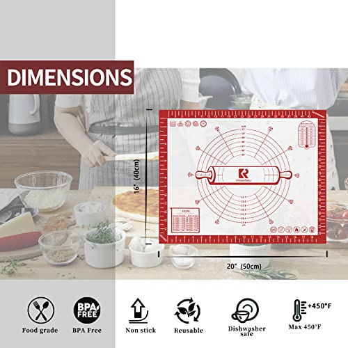 KitchenRaku Silicone Baking Mat, Nonstick Pastry Mat for Rolling Out Dough, Nonslip Macaroons Baking Mat with Measurement Guide, Food-Grade Oven Mat for Cookies, Bread, Pastries, Pie Crust